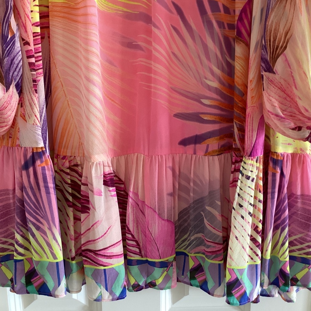 Camilla South Beach Sunrise 100% Silk Gathered Yoke Short Dress Blouson Sleeves - Picture 6 of 16